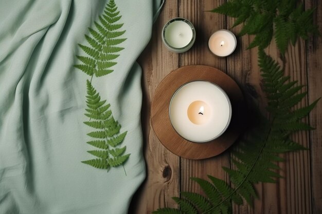 there is a candle and some green leaves on a table generative ai