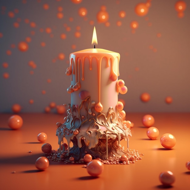 There is a candle that is sitting on a table with orange balls generative ai