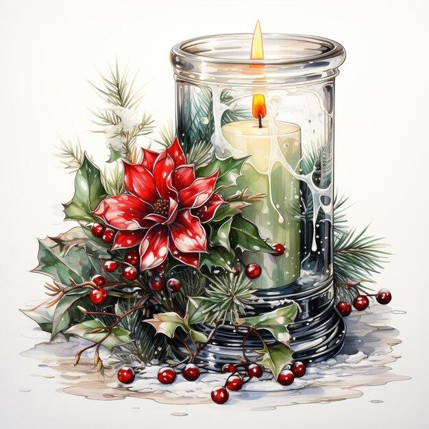 there is a candle with a candle holder and holly leaves generative ai