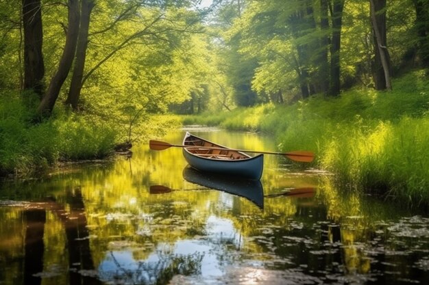 森の中の水の上に座っているカヌーがあります 生成 AI