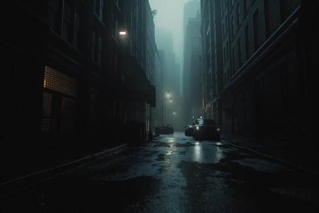 Есть машина, едущая по темной улице в дождь генеративный ай