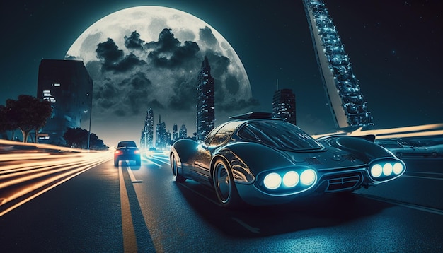 there is a car driving down the road at night with a full moon in the background generative ai