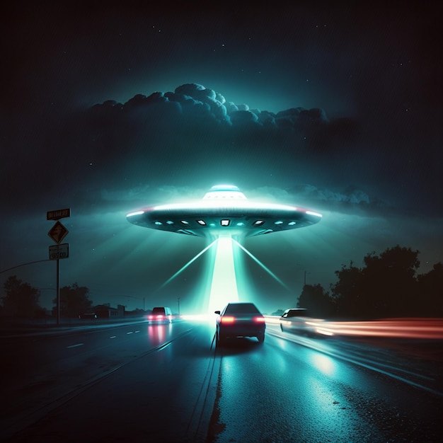 there is a car driving down the road with a large alien spaceship hovering above it generative ai