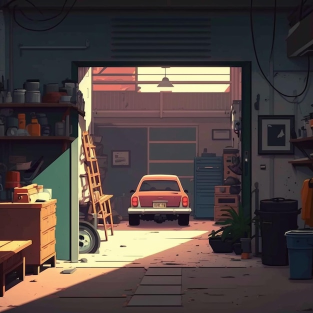 Photo there is a car in a garage with a ladder and a ladder generative ai