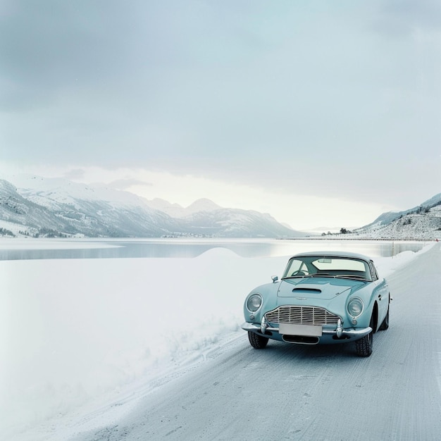 Photo there is a car that is driving down the road in the snow generative ai