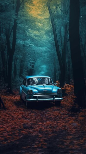 There is a car that is parked in the woods generative ai