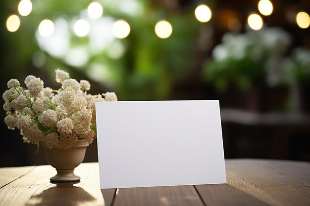 Photo there is a card sitting on a table with a vase of flowers generative ai