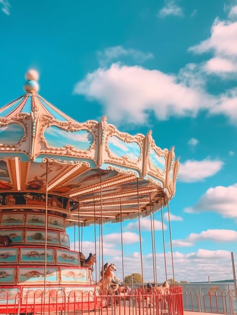 There is a carousel with a horse on it on a pier generative ai