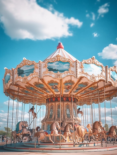 There is a carousel with horses on a sunny day generative ai