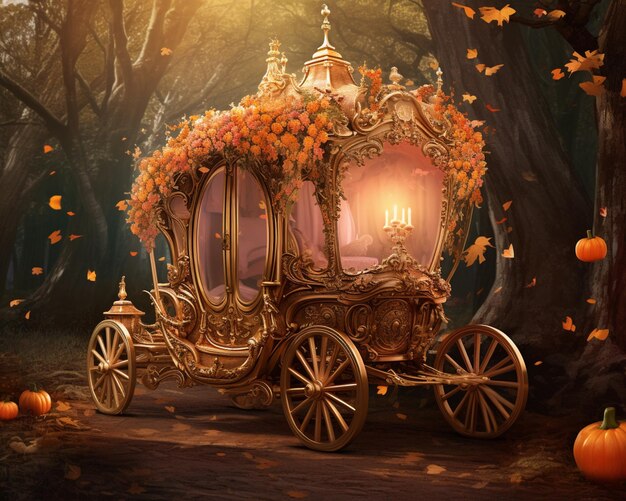 There is a carriage with a canopy and a canopy bed in the woods generative ai