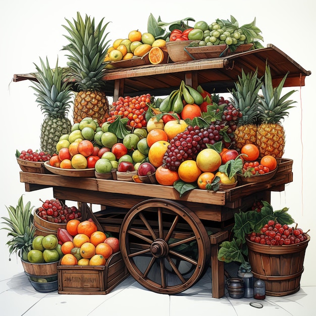 There is a cart full of fruit with a wheel on the side generative ai