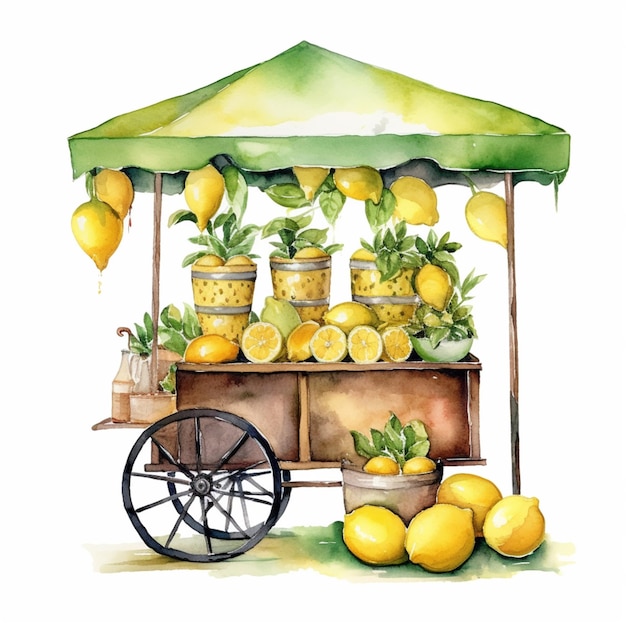 There is a cart with lemons and a cart with a green canopy generative ai