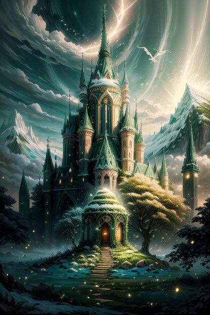 There is a cartoon anime fantasy fairytale castle in the forest with a tall pointed roof