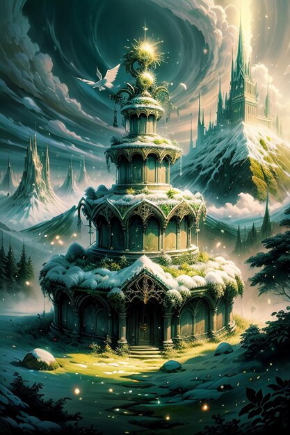 There is a cartoon anime fantasy fairytale castle in the forest with a tall pointed roof