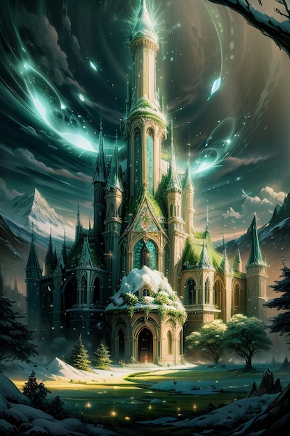 There is a cartoon anime fantasy fairytale castle in the forest with a tall pointed roof