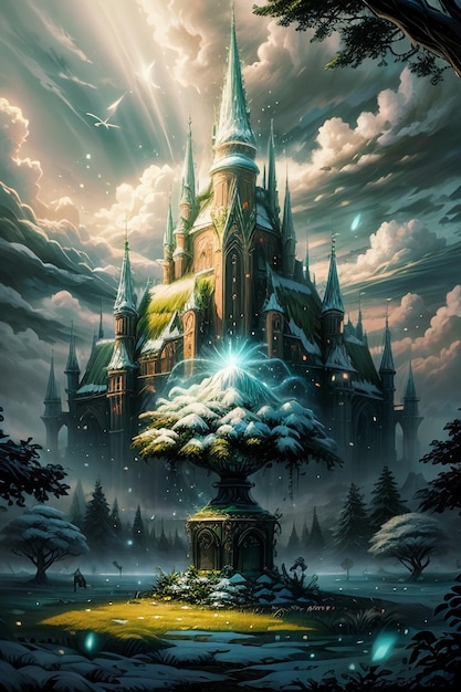 Photo there is a cartoon anime fantasy fairytale castle in the forest with a tall pointed roof