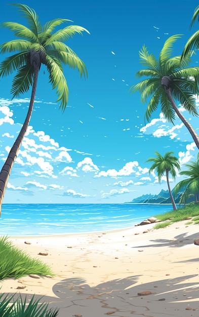 Есть мультяшный пляж с пальмами и голубым небом, генеративный ИИ.