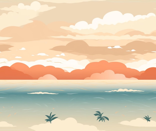 Foto c'è un cartone animato di una spiaggia con palme e una barca generativa ai