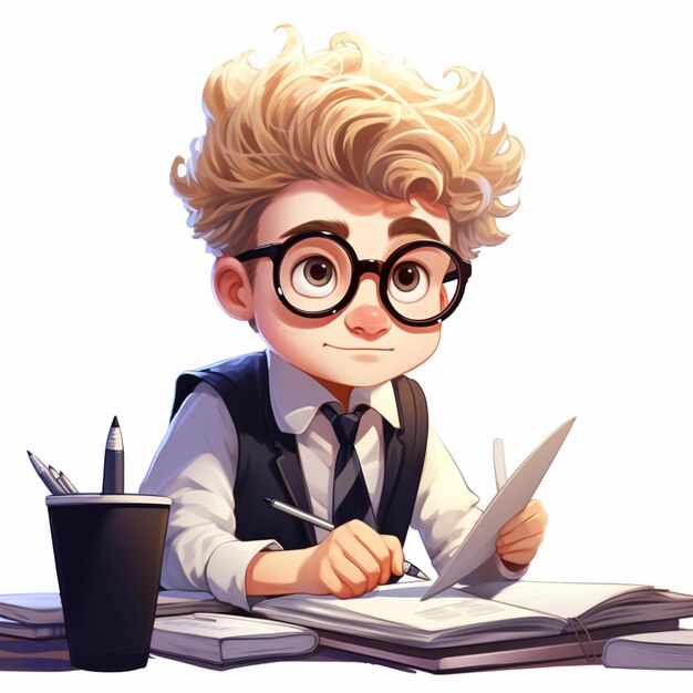 there is a cartoon boy with glasses and a tie sitting at a desk generative ai