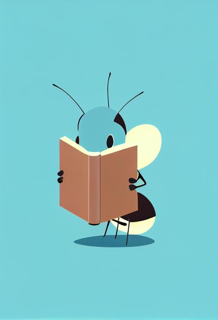 There is a cartoon bug reading a book on a blue background generative ai