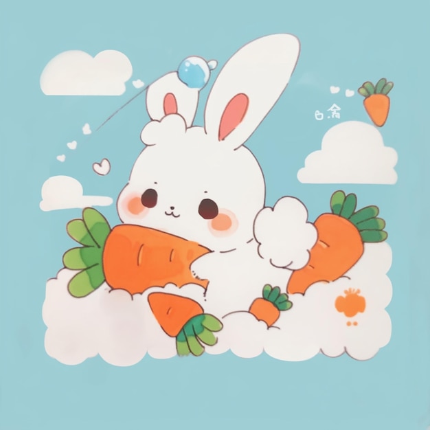 There is a cartoon bunny holding a carrot in the sky generative ai