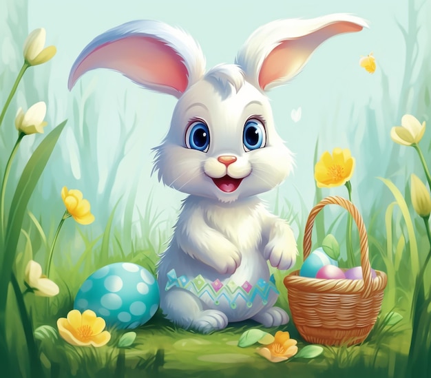 There is a cartoon bunny sitting in the grass with a basket of eggs generative ai