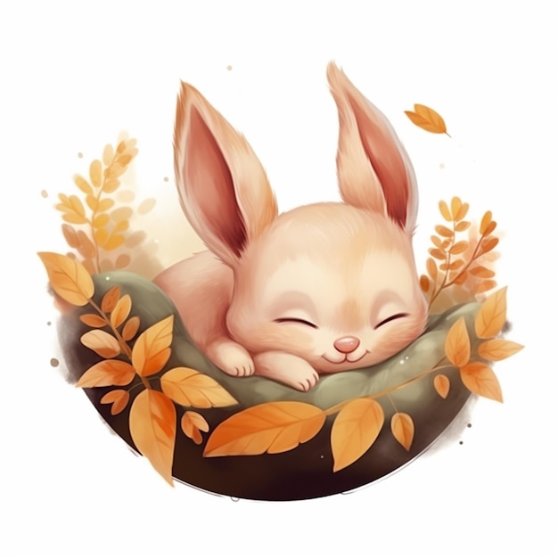 there is a cartoon bunny sleeping on a pillow with leaves generative ai