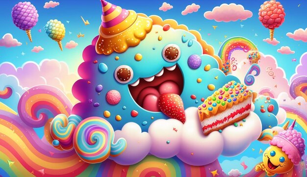 Photo there is a cartoon cake with a rainbow and a clown hat on it generative ai