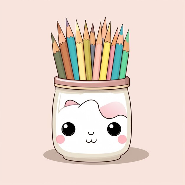 Photo there is a cartoon cat with a bunch of pencils in a jar generative ai