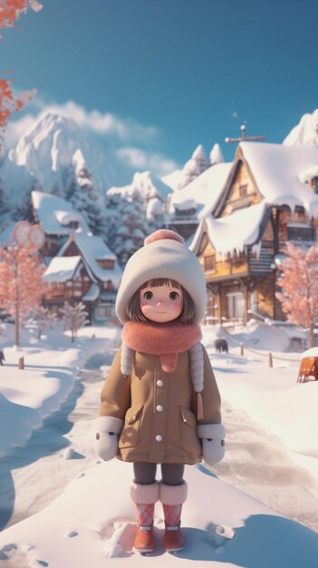 There is a cartoon character standing in the snow in front of a house generative ai