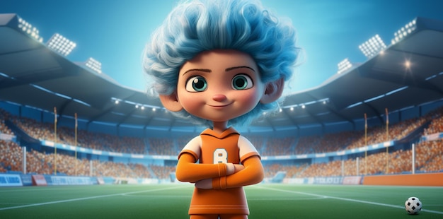 축구장에서 파란 머리카락을 가진 만화 캐릭터가 서 있습니다.