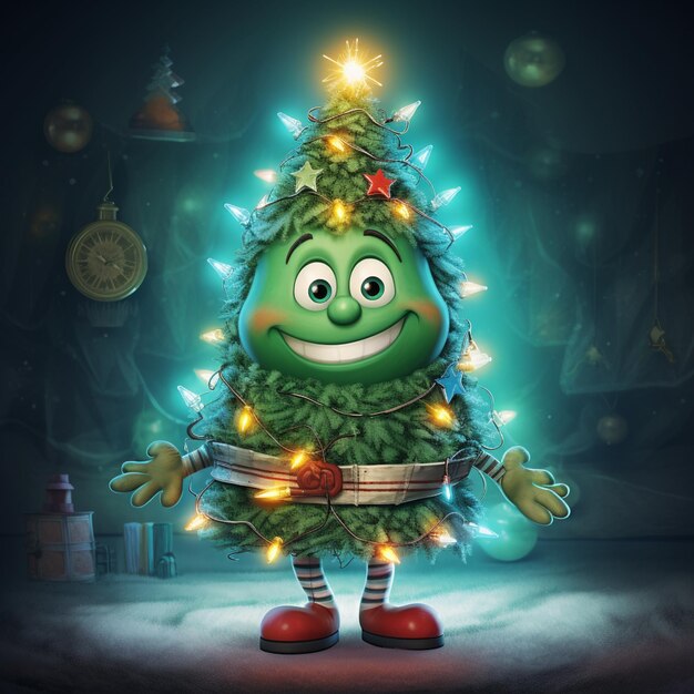 There is a cartoon christmas tree with lights on it generative ai