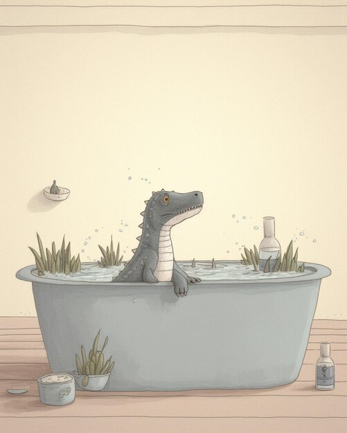 there is a cartoon of a crocodile in a bathtub with a cat generative ai