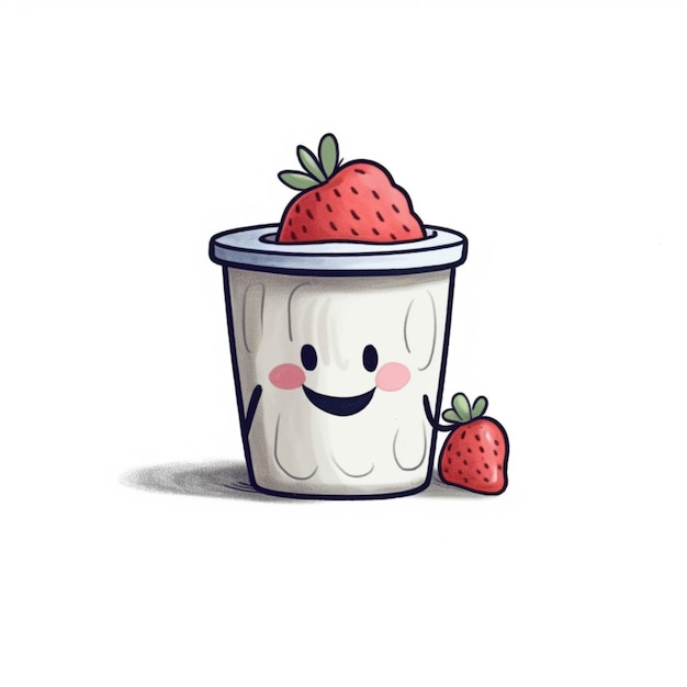 there is a cartoon of a cup of yogurt with a strawberry on top generative ai