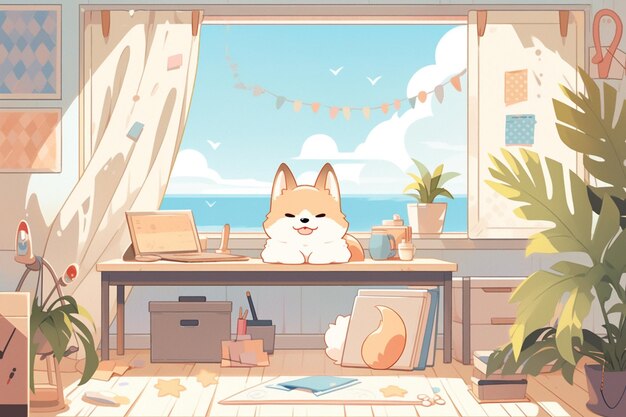 There is a cartoon of a dog sitting at a desk generative ai