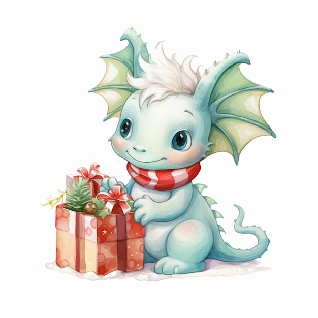 There is a cartoon dragon holding a present with a red scarf generative ai