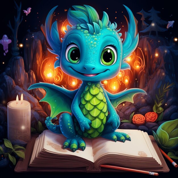 Photo there is a cartoon dragon sitting on a book with a candle generative ai