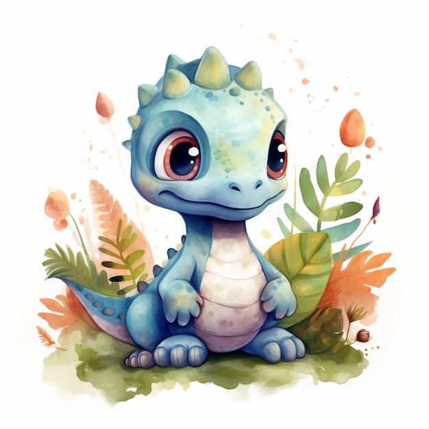 there is a cartoon dragon sitting in the grass with leaves generative ai