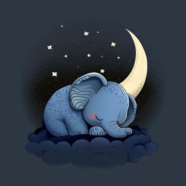 Foto c'è un elefante dei cartoni animati che dorme su una nuvola con la luna sullo sfondo