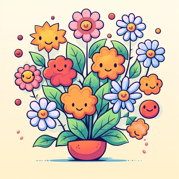 there is a cartoon flower pot with many flowers in it generative ai