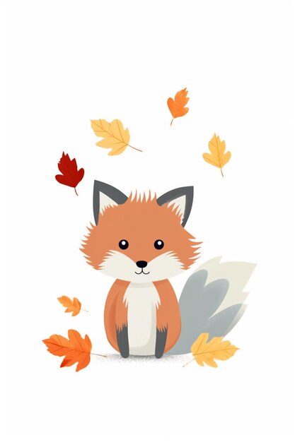 there is a cartoon fox sitting in the leaves with a white background generative ai