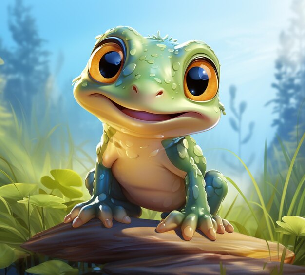 Photo there is a cartoon frog sitting on a log in the grass generative ai