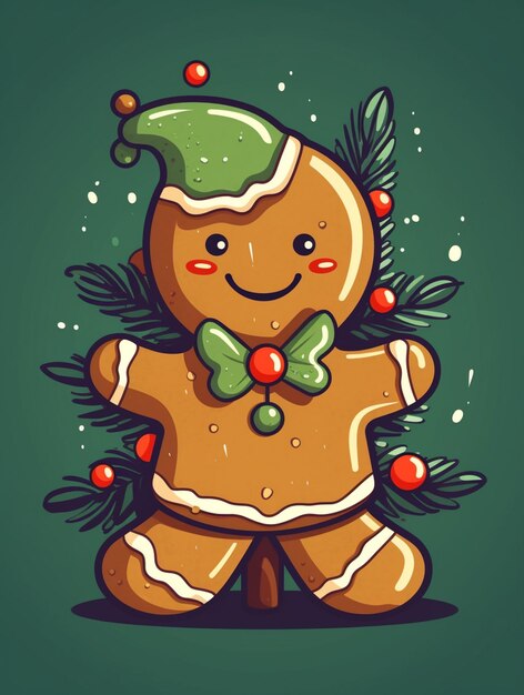 There is a cartoon gingerbread with a green hat and bow tie ai generative