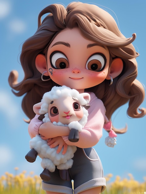 there is a cartoon girl holding a baby sheep in a field generative ai