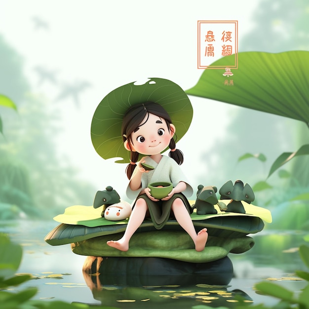 there is a cartoon girl sitting on a lily with a green umbrella generative ai