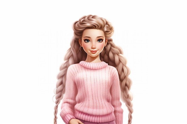 there is a cartoon girl with long hair and a pink sweater generative ai