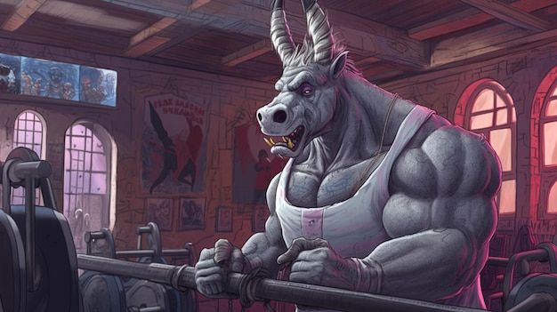 There is a cartoon of a goat with a barbell in a gym generative ai