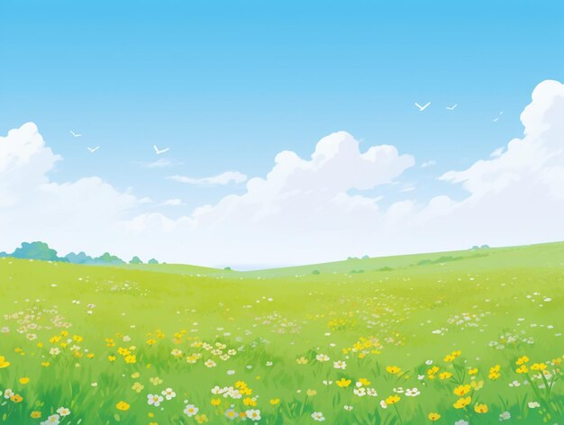 There is a cartoon of a green field with flowers and birds generative ai