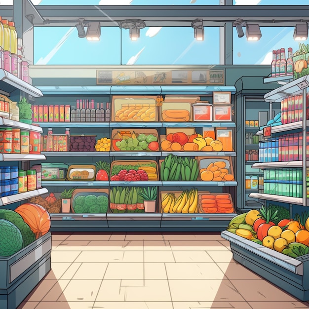 Photo there is a cartoon of a grocery store with fruits and vegetables generative ai