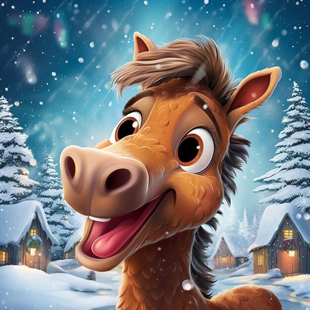 There is a cartoon horse that is standing in the snow generative ai